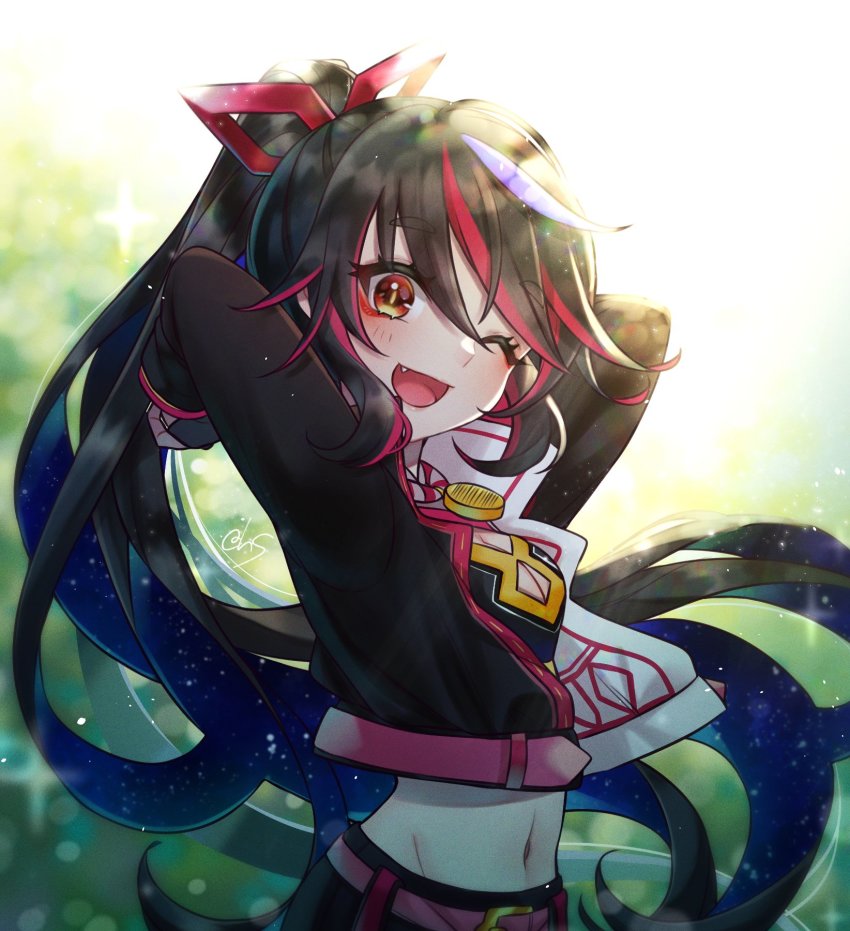 1girl, black_hair, blue_hair, breasts, cleavage, commentary_request, cropped_jacket, fang