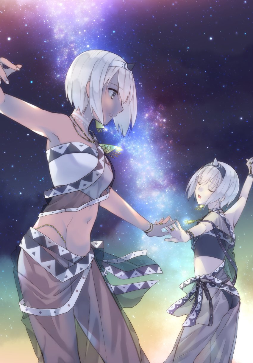 2girls, absurdres, ainu_clothes, aquaplus, ass, bare_shoulders, black_panties, bracelet, breasts, brown_eyes, closed_eyes, cowboy_shot, crop_top, dark-skinned_female, dark_skin, earrings, family, from_behind, from_side, galaxy, gold, hair_between_eyes, headband, highres, horns, jewelry, kosakichiii, long_legs, medium_breasts, midriff, multiple_girls, neck_tattoo, necklace, nose, open_mouth, panties, pantyshot, ring, saraana, see-through_clothes, see-through_skirt, short_hair, siblings, sidelocks, sisters, skirt, sleeveless, tattoo, thighs, toned, toned_female, twins, underwear, uruuru, utawarerumono, utawarerumono:_futari_no_hakuoro, utawarerumono:_itsuwari_no_kamen, white_hair, white_panties, wrist_tattoo