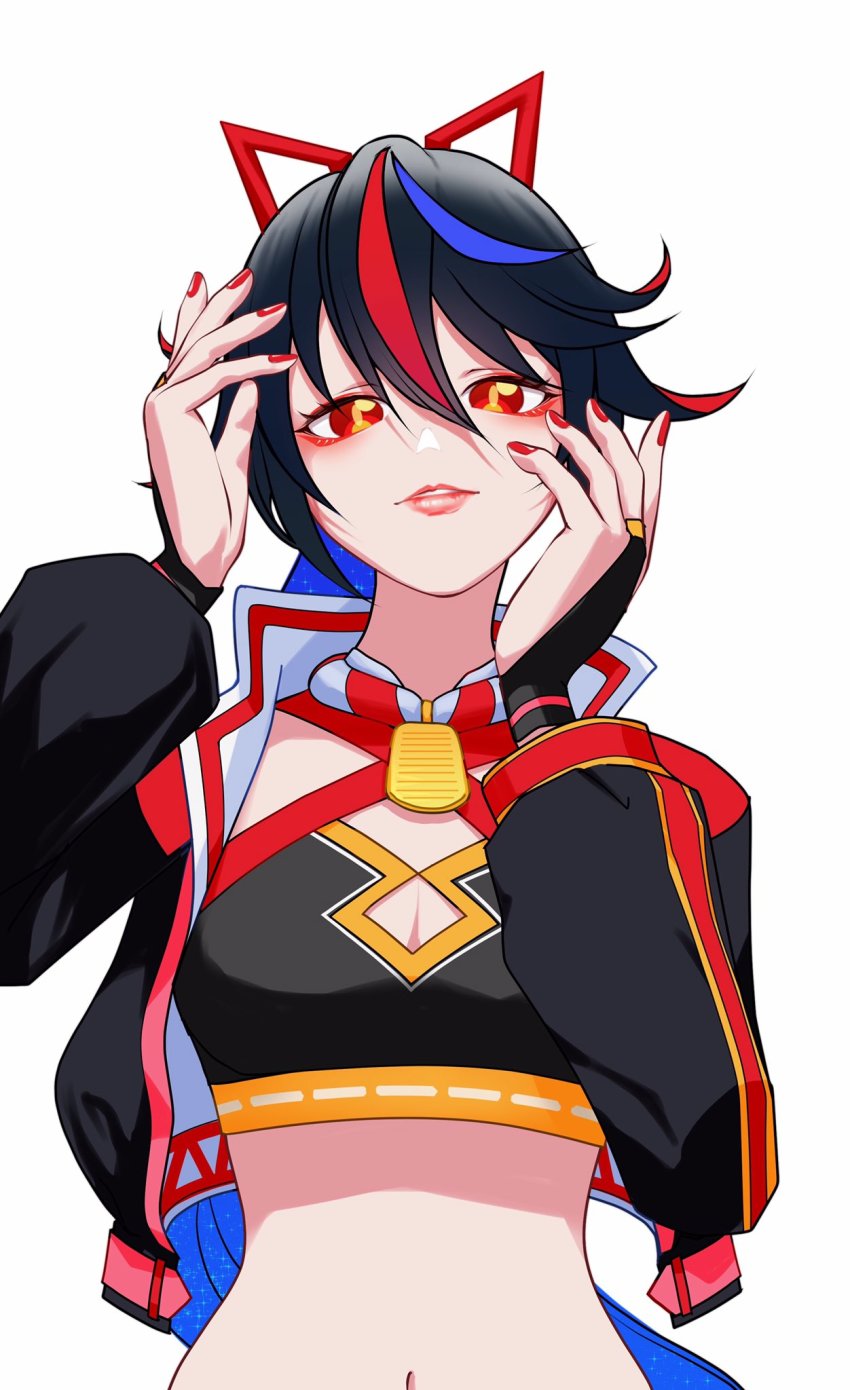 1girl, black_hair, black_nails, blue_hair, breasts, bridal_gauntlets, commentary_request, cropped_jacket, fingernails, hanjo_tv, highres, jacket, kimino_miya, long_hair, looking_at_viewer, midriff, nail_polish, navel, open_clothes, open_jacket, red_eyes, red_hair, red_nails, solo, virtual_youtuber, yuki_(24726302)