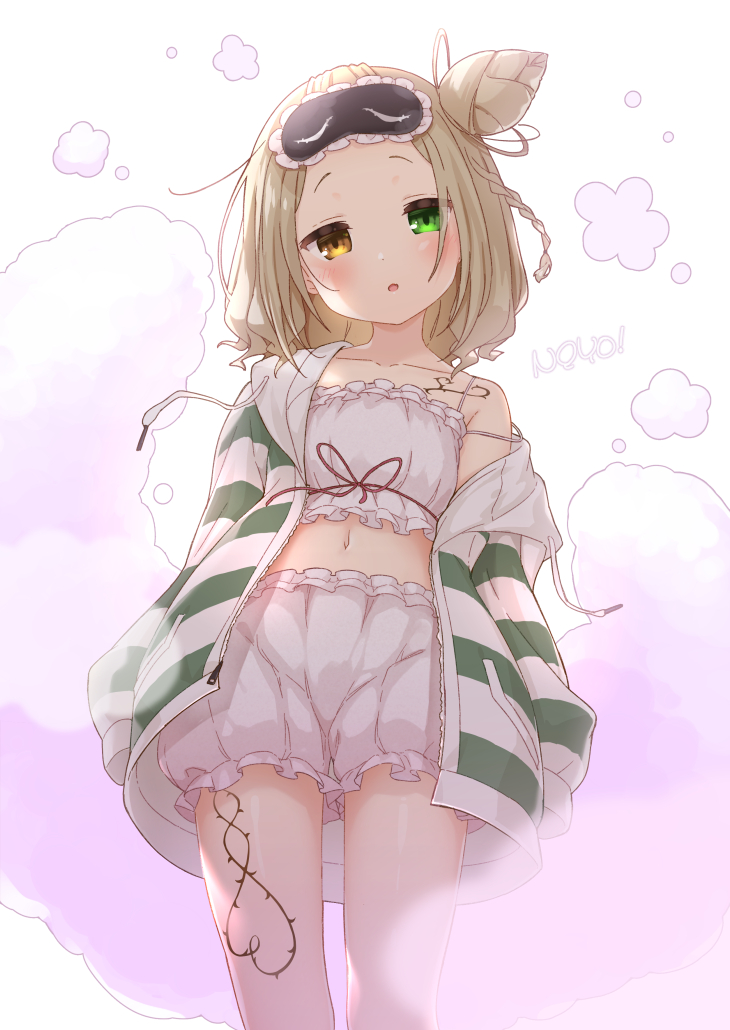 1girl, :o, bare_shoulders, bloomers, blush, brown_eyes, brown_hair, camisole