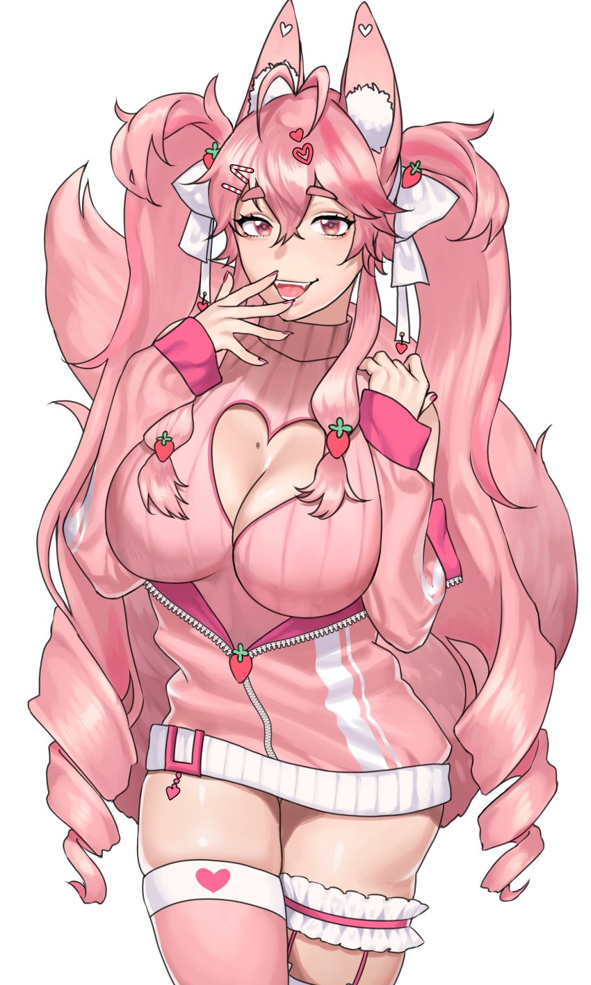 1girl, absurdres, animal_ears, antenna_hair, asymmetrical_legwear, breasts, cleavage, cleavage_cutout