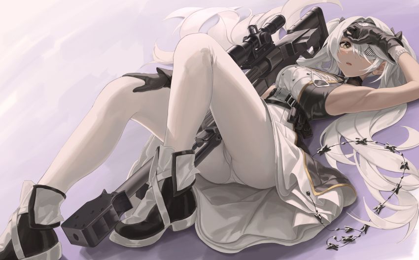 1girl, absurdres, anti-materiel_rifle, bolt_action, dark-skinned_female, dark_skin, eyepatch, girls'_frontline