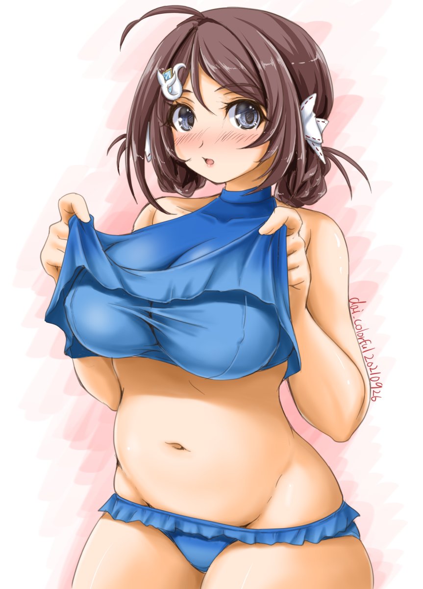 1girl, ahoge, akimoto_dai, artist_name, bikini, blue_bikini, blush, braid