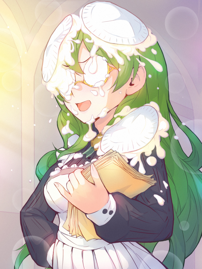 1girl, apron, bad_id, bad_pixiv_id, black_dress, breasts, commentary_request, cream, dress, food, food_on_face, green_hair, hand_on_own_hip, highres, holding, holding_paper, in_the_face, karin_(princess_connect!), lens_flare, long_hair, maid_apron, medium_breasts, open_mouth, paper, pie, princess_connect!, round_eyewear, semi-rimless_eyewear, solo, throwing, throwing_food, throwing_pie, upper_body, v-shaped_eyebrows, yako_noir