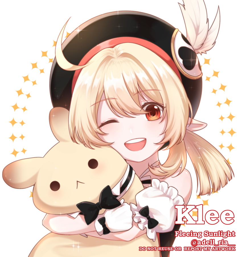 1girl, ;d, ahoge, brill_p, character_name, child, clover_print, commentary_request