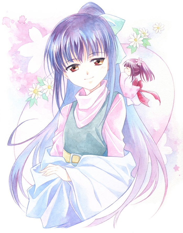 1boy, 1girl, agahari, bad_id, bad_pixiv_id, blue_hair, bow, brown_eyes, crossdressing, flower, fujisaki_nadeshiko, graphite_(medium), guardian_chara, hair_bow, japanese_clothes, kimono, long_hair, painting_(medium), ponytail, purple_hair, shugo_chara!, smile, temari_(shugo_chara!), traditional_media, trap, turtleneck
