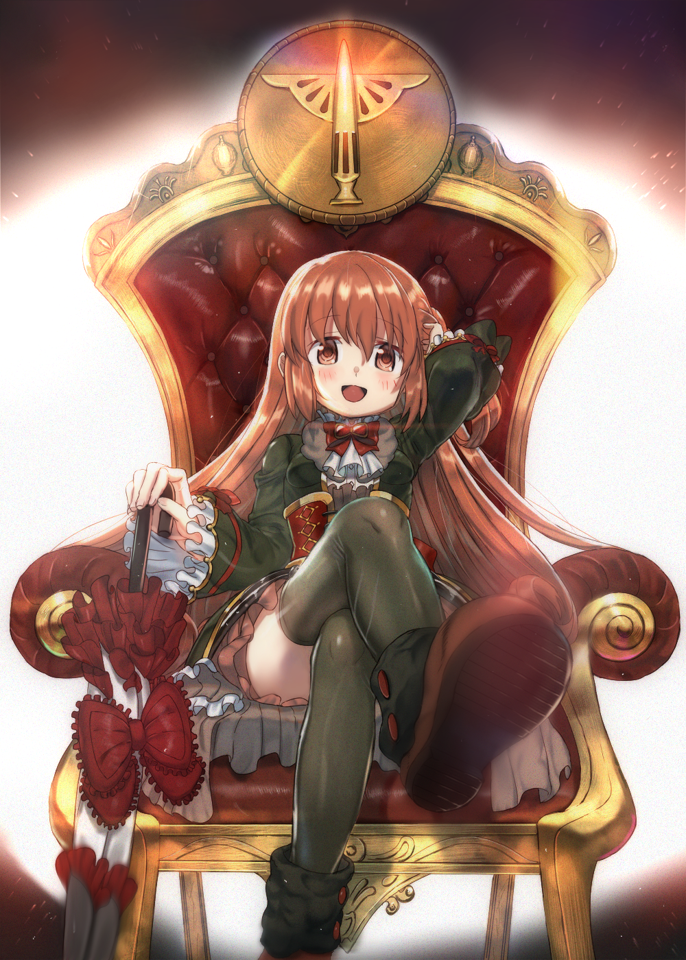 1girl, boots, bow, bowtie, brown_eyes, brown_hair, chair, crossed_legs