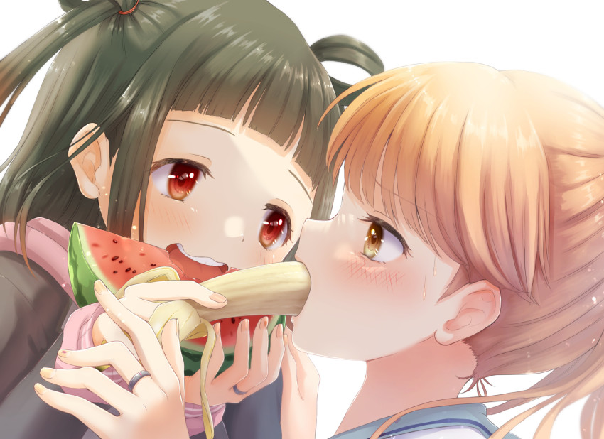 2girls, banana, black_hair, blush, eating, food, fruit, highres
