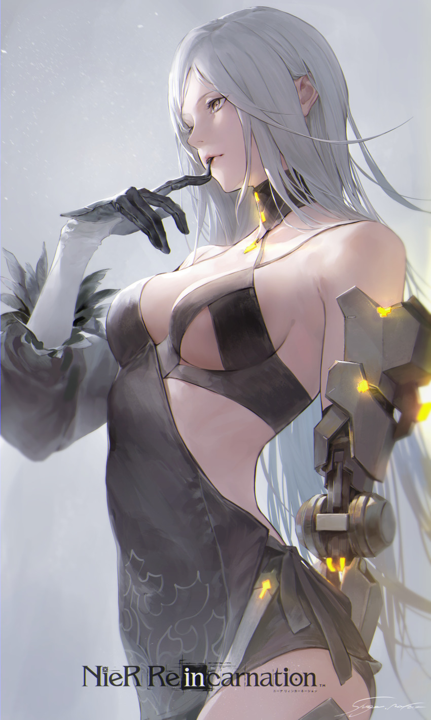 1girl, absurdres, asymmetrical_clothes, bare_shoulders, biting, black_choker, black_gloves, black_shorts, breasts, choker, commentary_request, copyright_name, cyborg, eyes_visible_through_hair, feather-trimmed_sleeves, frenlyse, biting_glove, gloves, highres, huge_filesize, impossible_clothes, long_hair, long_sleeves, matsuo_shogo, mechanical_arms, nier_(series), nier_reincarnation, prosthesis, prosthetic_arm, puffy_sleeves, removing_glove, shorts, signature, single_glove, single_mechanical_arm, solo, swept_bangs, very_long_hair, white_hair, yellow_eyes