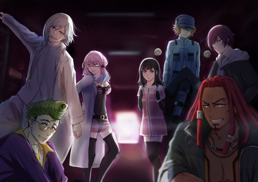 2girls, 5boys, :d, absurdres, akudama_drive, artificial_eye, belt, black_footwear