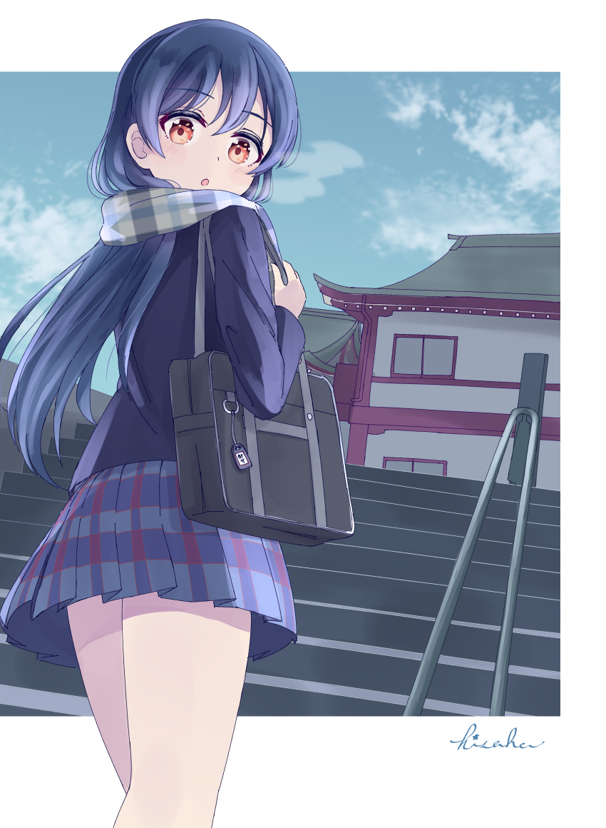 1girl, absurdres, bag, blue_hair, blue_jacket, cowboy_shot, day, enpera