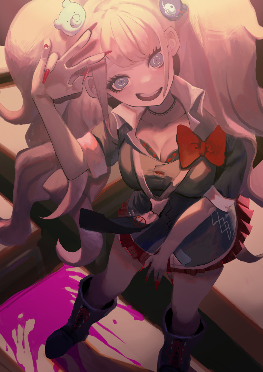 1girl, absurdres, bear_hair_ornament, black_boots, black_jacket, blood, blue_eyes, boots, bow, bra, breasts, choker, cleavage, collarbone, danganronpa:_trigger_happy_havoc, danganronpa_(series), enoshima_junko, hair_ornament, highres, jacket, long_hair, looking_at_viewer, medium_breasts, mmz-kun, nail_polish, necktie, pink_blood, pink_hair, red_bow, ringed_eyes, school_uniform, sleeves_rolled_up, smile, solo, twintails, underwear