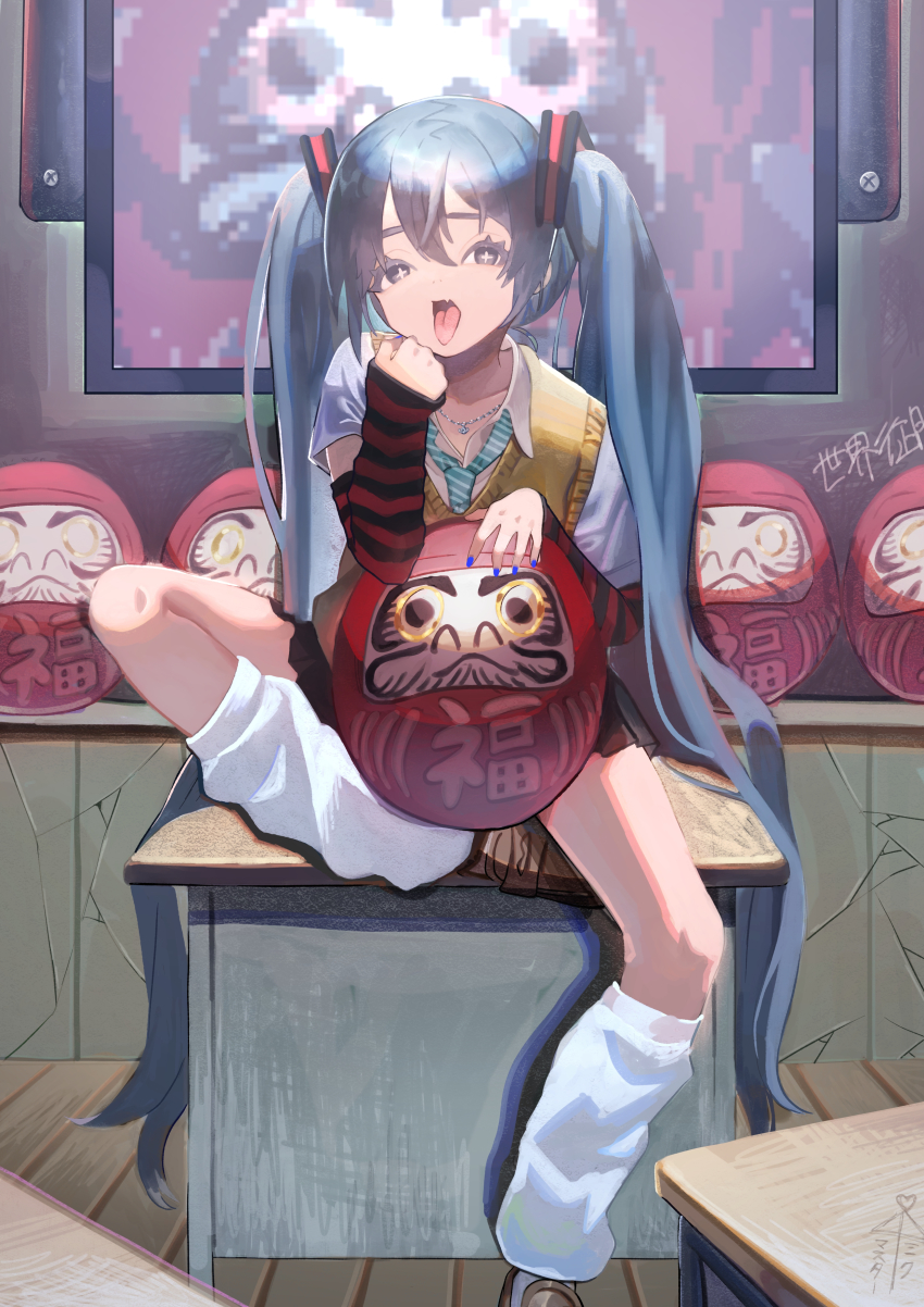 +_+, 1girl, absurdres, aqua_eyes, aqua_hair, classroom, daruma_doll, full_body, hair_ornament, hatsune_miku, highres, indoors, leg_up, long_hair, looking_at_viewer, mmz-kun, nail_polish, open_mouth, red_skirt, sitting, sitting_on_table, skirt, solo, table, thighhighs, twintails, very_long_hair, vocaloid