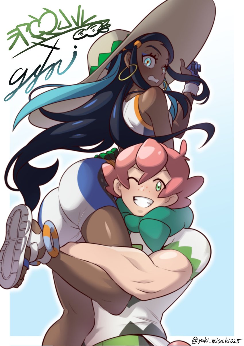 1boy, 1girl, beige_headwear, bike_shorts, black_hair, blue_eyes, blue_eyeshadow, blue_hair, carrying, commentary_request, dark-skinned_female, dark_skin, earrings, eyelashes, eyeshadow, freckles, gloves, green_eyes, grin, hat, highres, hoop_earrings, jewelry, long_hair, makeup, milo_(pokemon), misaki_yuuki, multicolored_hair, nessa_(pokemon), nintendo, one_eye_closed, partially_fingerless_gloves, pink_hair, pokemon, pokemon_sword_and_shield, sandals, shirt, short_sleeves, smile, sun_hat, teeth, twitter_username, two-tone_hair, white_footwear
