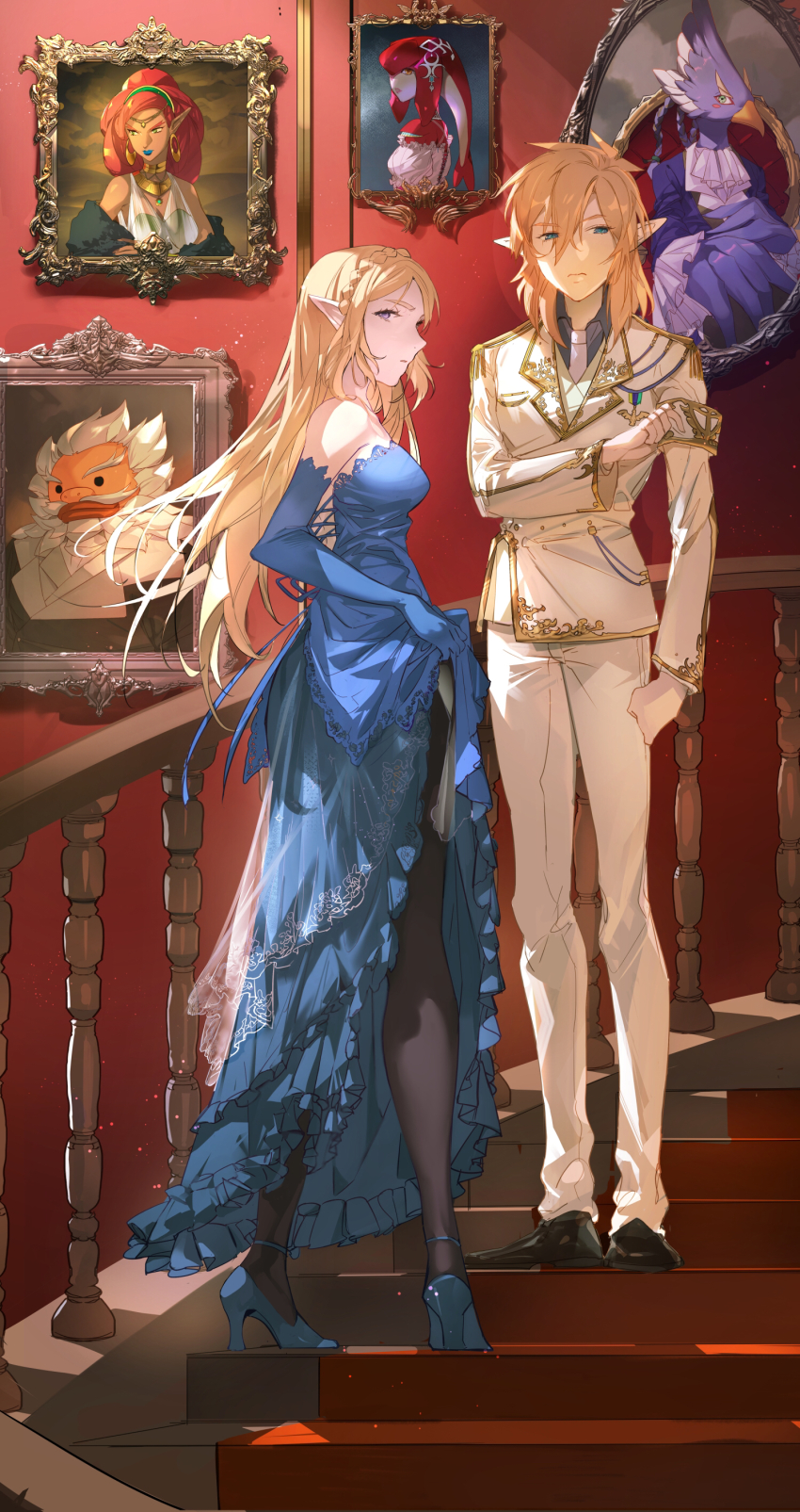 3boys, 3girls, absurdres, armband, ascot, beak, bird_boy, blonde_hair