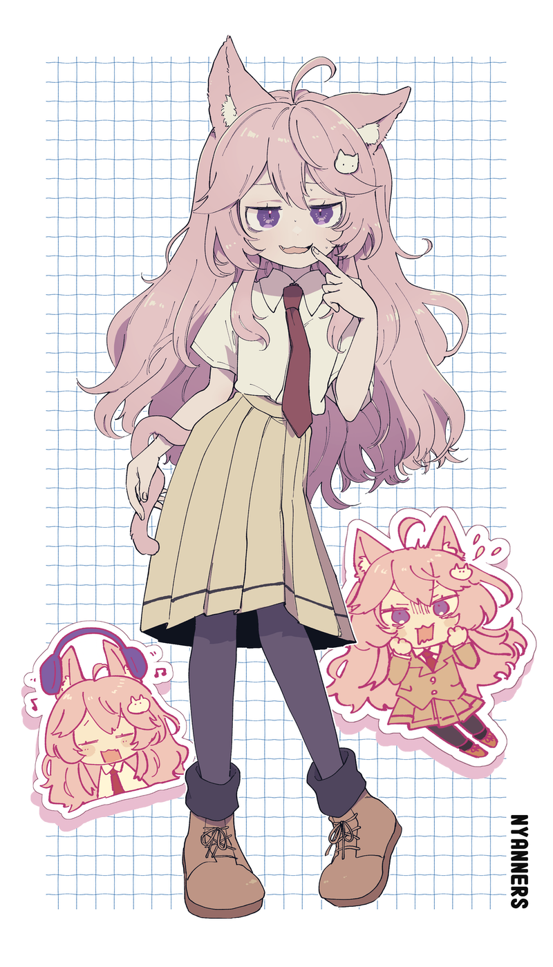 1girl, :3, ahoge, alternate_costume, animal_ear_fluff, animal_ears, bags_under_eyes, beamed_eighth_notes