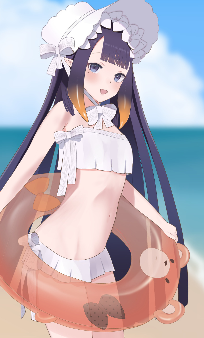 1girl, abigail_williams_(fate), abigail_williams_(fate)_(cosplay), abigail_williams_(swimsuit_foreigner)_(fate), abigail_williams_(swimsuit_foreigner)_(third_ascension)_(fate), absurdres, blue_sky, blunt_bangs, blush, cloud, cloudy_sky, cosplay, fate/grand_order, fate_(series), flat_chest, hat, highres, hololive, hololive_english, innertube, long_hair, looking_at_viewer, me0i, mole, mole_under_eye, navel, ninomae_ina'nis, ocean, open_mouth, outdoors, pleated_skirt, purple_eyes, purple_hair, skirt, sky, smile, solo, swim_ring, swimsuit, virtual_youtuber, water