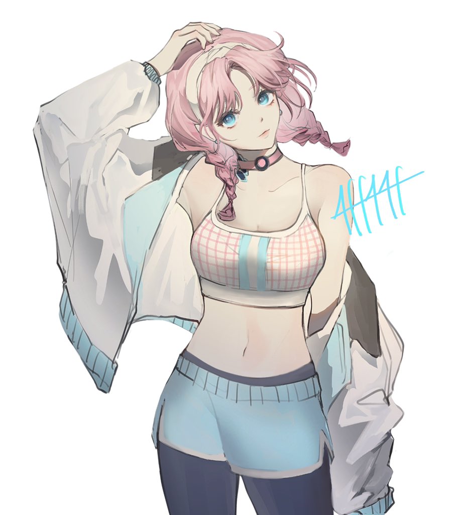 1girl, arknights, black_pantyhose, blue_eyes, blue_poison_(arknights), blue_poison_(shoal_beat)_(arknights), blue_shorts, body_markings, bra, braid, breasts, choker, clear_(4ff44f), cleavage, closed_mouth, commentary, cowboy_shot, dolphin_shorts, earrings, eyelashes, hairband, hand_on_own_head, head_tilt, jacket, jewelry, light_smile, lips, looking_at_viewer, medium_breasts, medium_hair, midriff, navel, off_shoulder, official_alternate_costume, open_clothes, open_jacket, pantyhose, pantyhose_under_shorts, parted_bangs, pink_choker, pink_hair, plaid_bra, plaid_clothes, short_shorts, shorts, simple_background, smile, solo, sports_bra, standing, twin_braids, twintails, underwear, white_background, white_bra, white_jacket