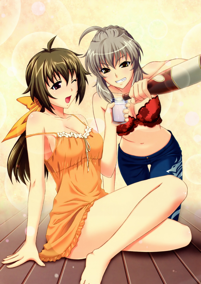 2girls, absurdres, akai_ito, aoi_hanako, aoi_shiro, asama_sakuya, barefoot, bra