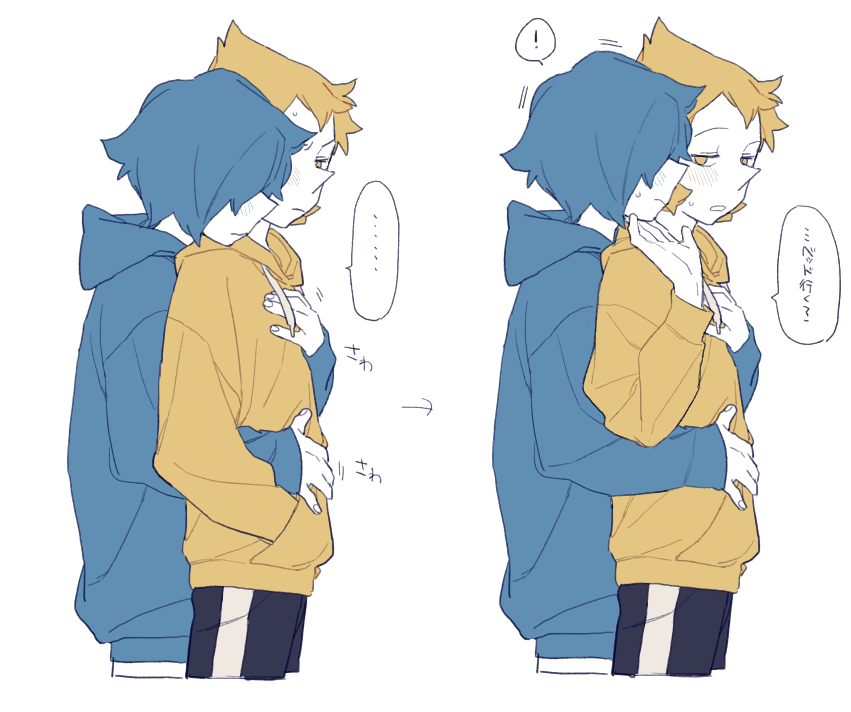 !, ..., 2girls, bad_id, bad_twitter_id, blonde_hair, blue_hair, blue_hoodie, blue_pearl_(steven_universe), blush, dayama, from_side, frown, hair_over_eyes, hood, hoodie, hug, hug_from_behind, long_sleeves, looking_at_another, multiple_girls, open_mouth, pointy_nose, short_hair, spoken_ellipsis, spoken_exclamation_mark, steven_universe, sweat, translated, white_background, yellow_eyes, yellow_hoodie, yellow_pearl_(steven_universe), yuri