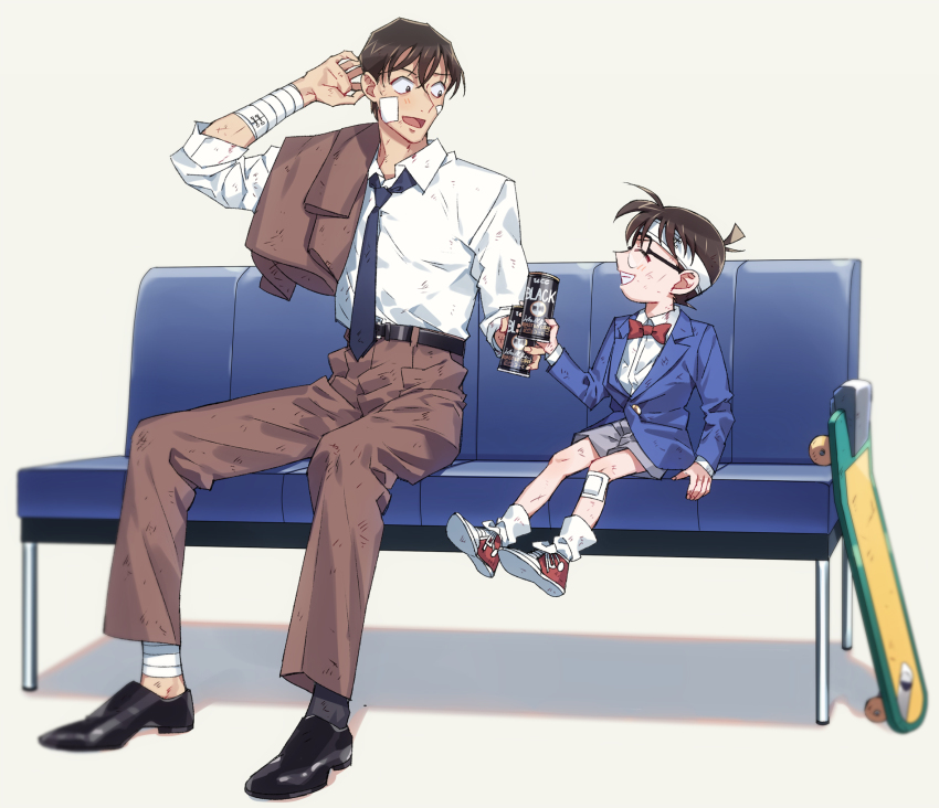 2boys, :d, arm_up, bandage_on_face, bandage_on_knee, bandaged_arm, bandaged_head, bandaged_leg