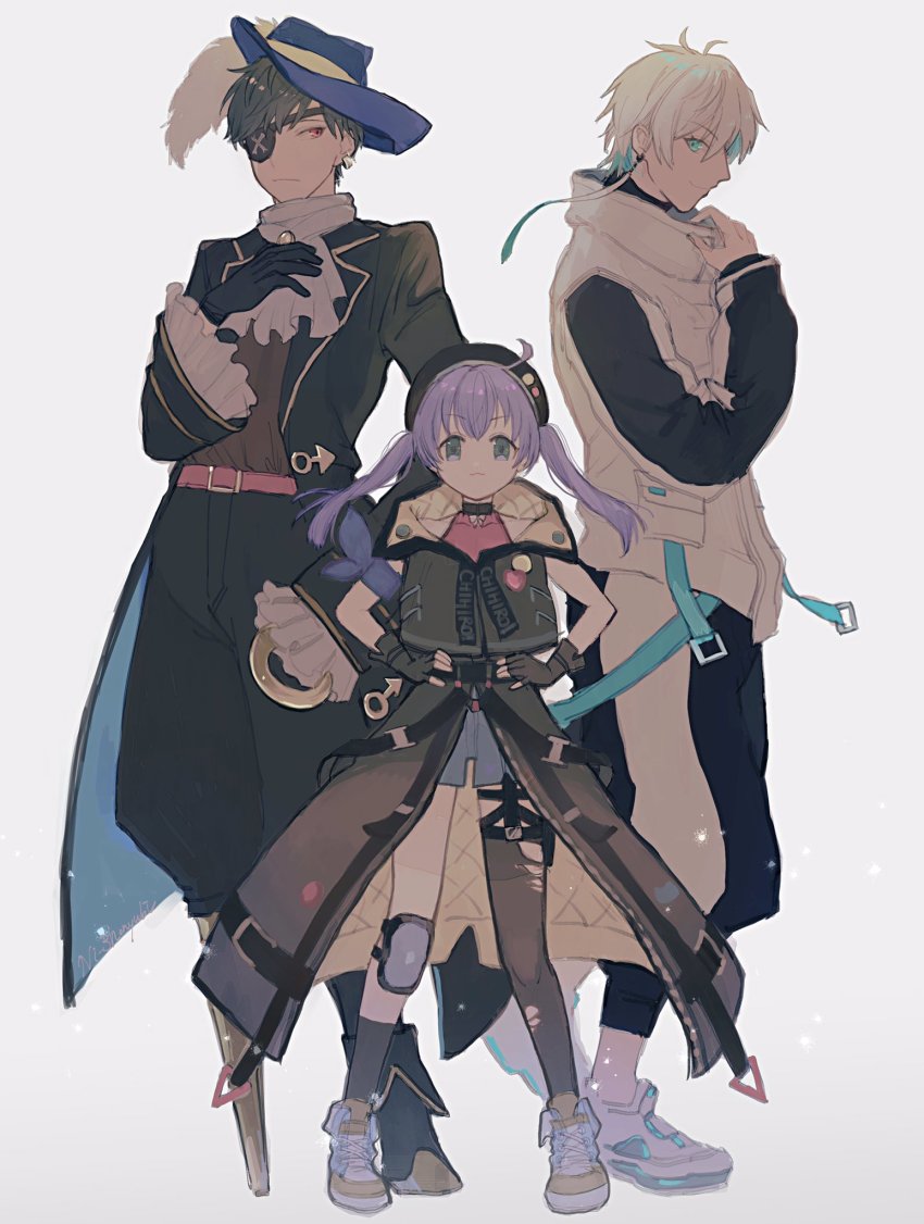 1girl, 2boys, belt, beret, black_hair, black_headwear, black_jacket, blue_belt