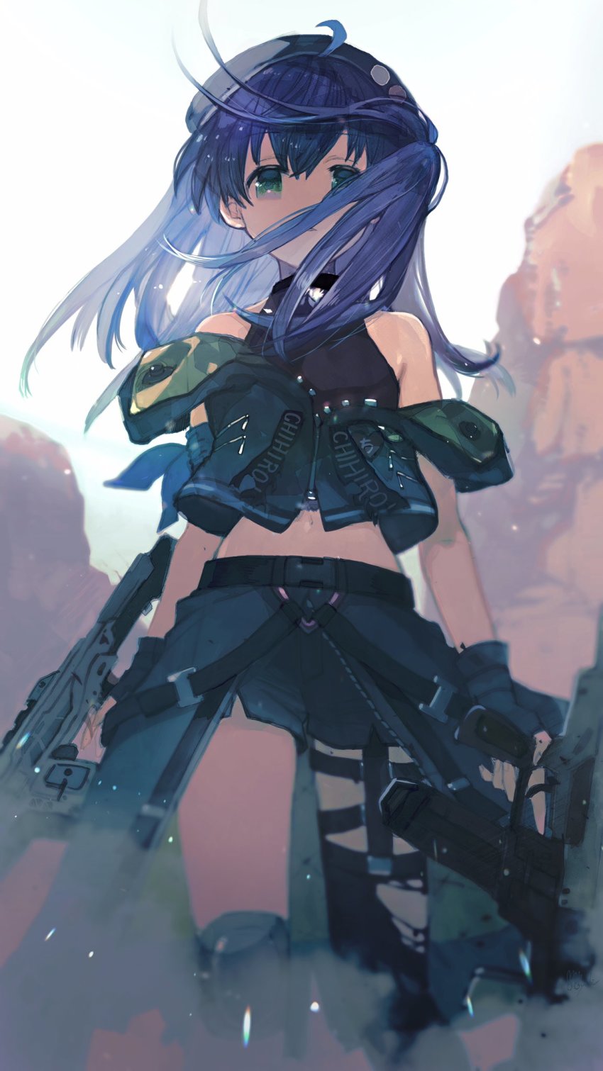 1girl, apex_legends, assault_rifle, beret, black_hat, black_jacket, blue_eyes, blue_hair, cowlick, dual_wielding, flat_chest, gun, halterneck, hat, highres, holding, holding_gun, holding_weapon, jacket, navel, nijisanji, nisanhonyubi, off_shoulder, open_mouth, r-301_carbine, r-99_smg, rifle, sleeveless, sleeveless_jacket, solo, submachine_gun, thigh_strap, trigger_discipline, twintails, virtual_youtuber, weapon, yuuki_chihiro, yuuki_chihiro_(10th_costume)