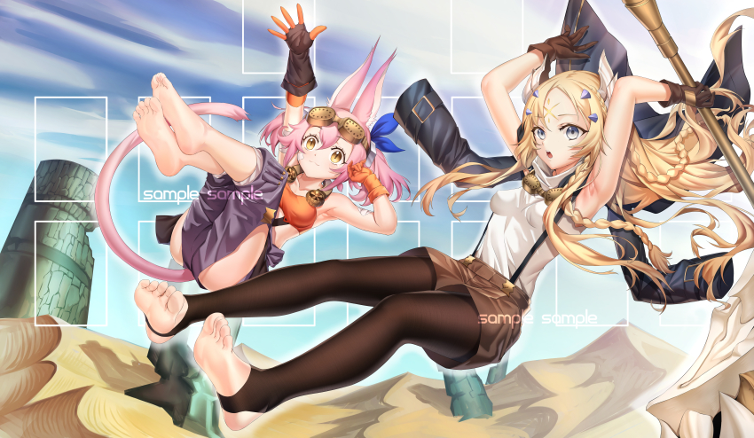 2girls, absurdres, animal_ears, barefoot, blonde_hair, blue_eyes, blush, ecclesia_the_virtuous_of_white, feet, fingerless_gloves, gloves, goggles, goggles_on_head, highres, long_hair, looking_at_viewer, multiple_girls, open_mouth, pink_hair, smile, soles, stirrup_legwear, suspenders, toeless_legwear, toes, tri-brigade_kitt, yellow_eyes, yu-gi-oh!