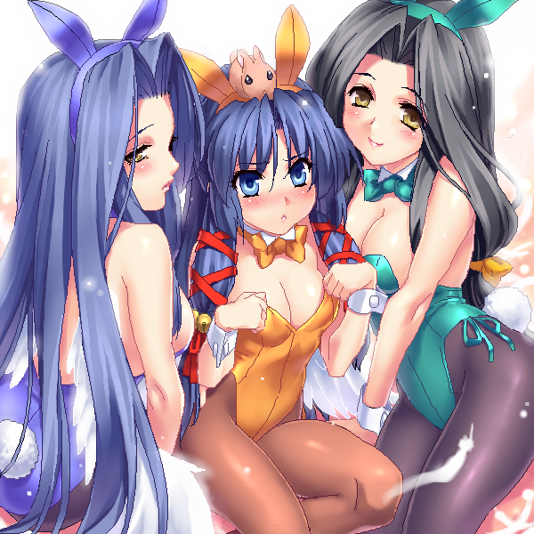 00s, 3girls, :<, air_(visual_novel), angel_wings, animal_ears, aqua_leotard, back, bell, black_hair, blue_eyes, blue_hair, blush, bow, bowtie, breasts, cleavage, fake_animal_ears, hair_ribbon, hairband, jingle_bell, kannabi_no_mikoto, key_(company), large_breasts, leotard, long_hair, looking_back, multiple_girls, object_on_head, oekaki, pantyhose, playboy_bunny, rabbit, rabbit_ears, rabbit_tail, ribbon, sitting, smile, tail, uraha, uraha_(air), very_long_hair, wings, yaobikuni, yaobikuni_(air), yellow_eyes, zen
