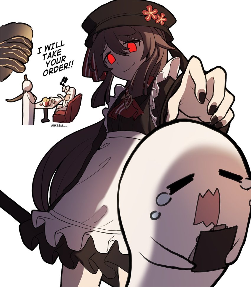 !, !!, 1boy, 1girl, alternate_costume, black_dress, black_hair, black_headwear