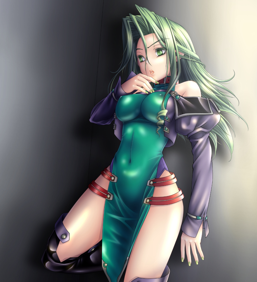 1girl, android, banpresto, bodysuit, breasts, covered_erect_nipples, female_focus, green_eyes, green_hair, green_nails, highres, kairichan, lamia_loveless, large_breasts, long_hair, matching_hair/eyes, nail_polish, osafune_kairi, pelvic_curtain, solo, super_robot_wars, super_robot_wars_original_generation