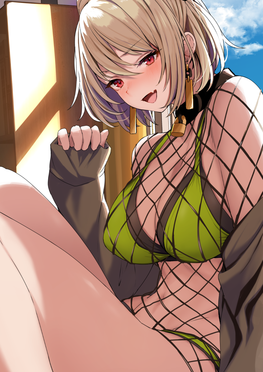 1girl, :d, bare_shoulders, bell, bikini, bikini_under_clothes, blush, breasts, brown_hair, cleavage, collar, commentary_request, day, earrings, fang, fishnets, girls'_frontline, green_bikini, highres, jewelry, knees_up, large_breasts, long_sleeves, looking_at_viewer, navel, neck_bell, official_alternate_costume, open_mouth, p90_(girls'_frontline), p90_(the_girl_from_b.e.l)_(girls'_frontline), red_eyes, short_hair, sitting, skin_fang, sleeves_past_wrists, smile, solo, swept_bangs, swimsuit, thighs, tobimura, v-shaped_eyebrows