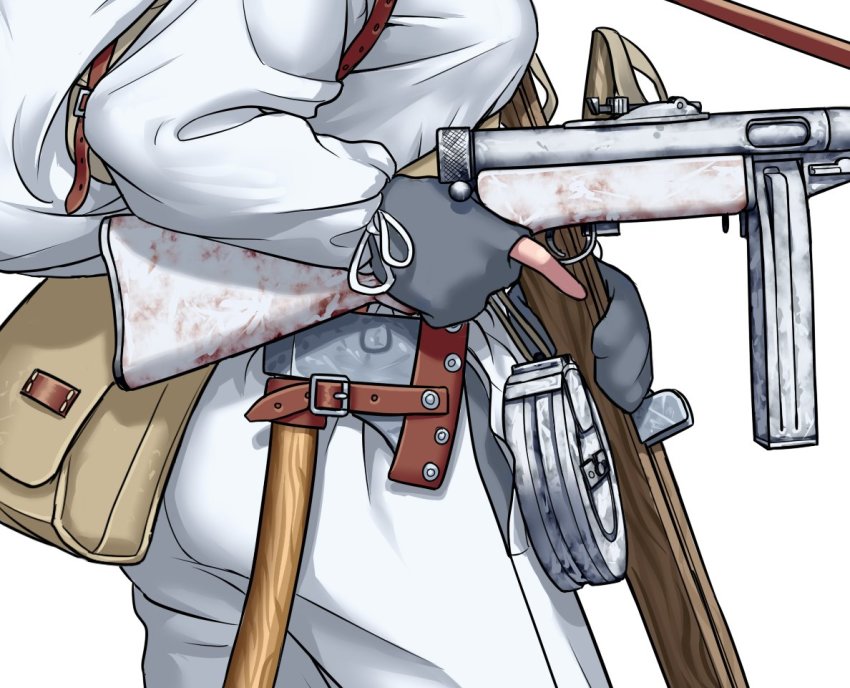 1girl, axe, bag, black_gloves, blood, bloody_weapon, breasts, buckle