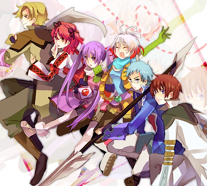 3boys, 3girls, asbel_lhant, blade, blue_hair, blue_shirt, brothers, brown_eyes