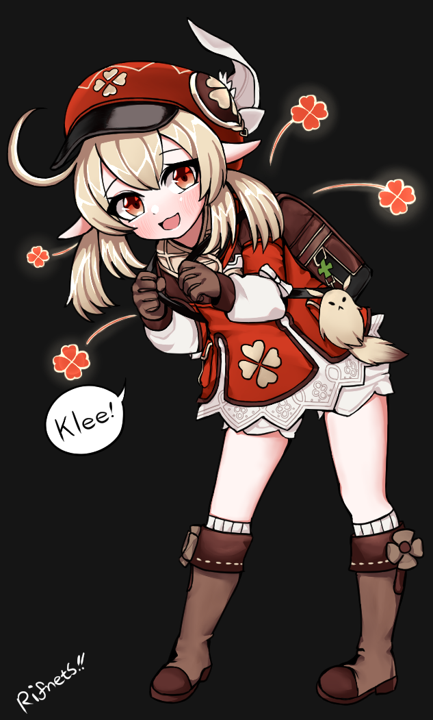 1girl, ahoge, backpack, bag, bag_charm, bent_over, black_background, bloomers