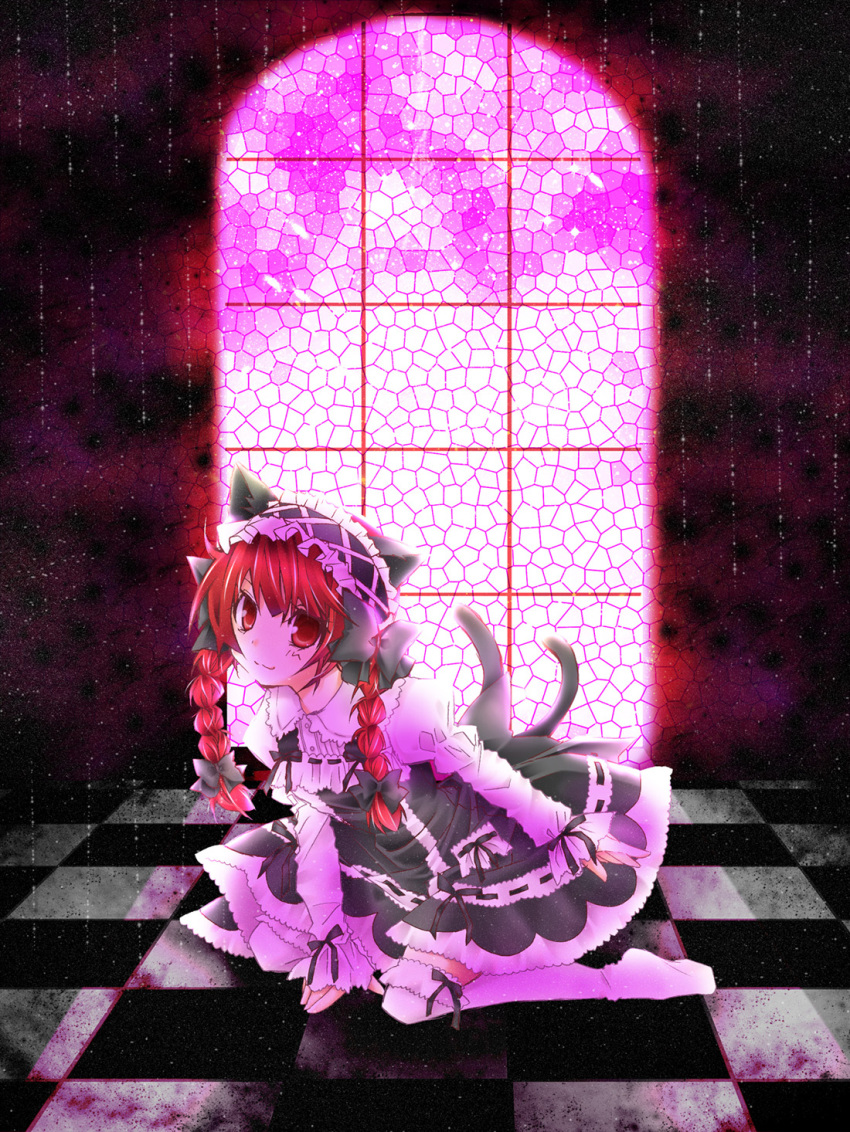 1girl, animal_ears, bad_id, bad_pixiv_id, braid, cat_ears, cat_girl, cat_tail, checkered_floor, chireiden, female_focus, floor, gothic_lolita, graphite_(medium), hair_ribbon, highres, kaenbyou_rin, kneeling, lolita_fashion, misato_miyu, mixed_media, multiple_tails, red_eyes, red_hair, ribbon, short_hair, smile, solo, stained_glass, tail, thighhighs, touhou, traditional_media, twin_braids, twintails, vanishing_point, window