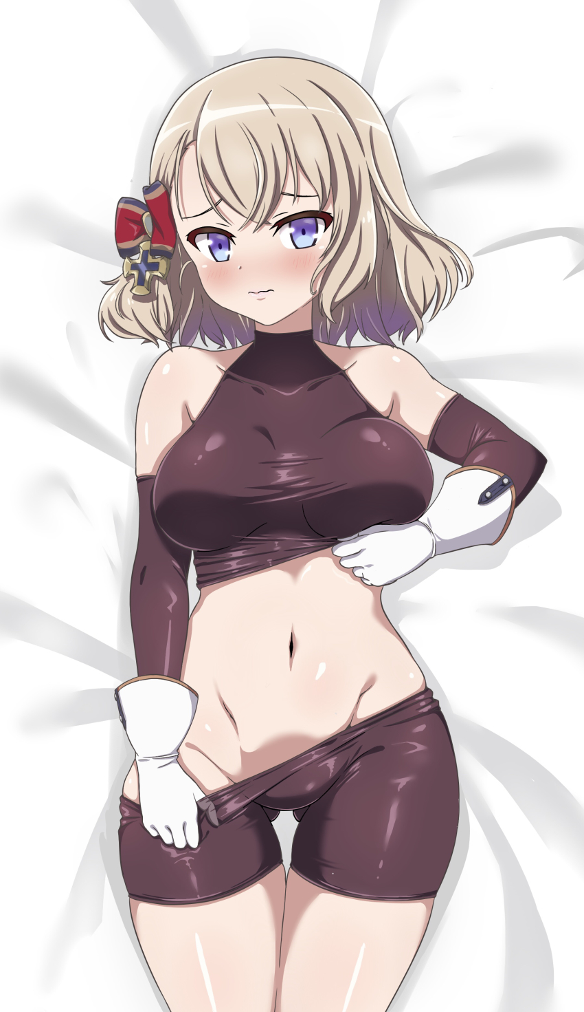 1girl, absurdres, azur_lane, bare_shoulders, bed_sheet, bike_shorts, bike_shorts_pull, black_gloves, blonde_hair, blue_eyes, blush, bodystocking, bow, breasts, closed_mouth, commentary_request, covered_collarbone, cowboy_shot, cross, crossed_bangs, elbow_gloves, eyebrows_hidden_by_hair, furrowed_brow, gloves, gluteal_fold, groin, hair_between_eyes, hair_bow, hair_ornament, highres, iron_cross, large_breasts, lifting_own_clothes, looking_at_viewer, lying, macaroni_(dontakadx), medium_hair, navel, on_back, pulling_own_clothes, shadow, sidelocks, skindentation, sleeveless, solo, stomach, striped_bow, taut_clothes, thigh_gap, wavy_mouth, white_gloves, z23_(azur_lane)