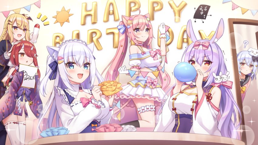 1boy, 5girls, ?, animal_ear_fluff, animal_ears, balloon, bare_shoulders, bat_hair_ornament