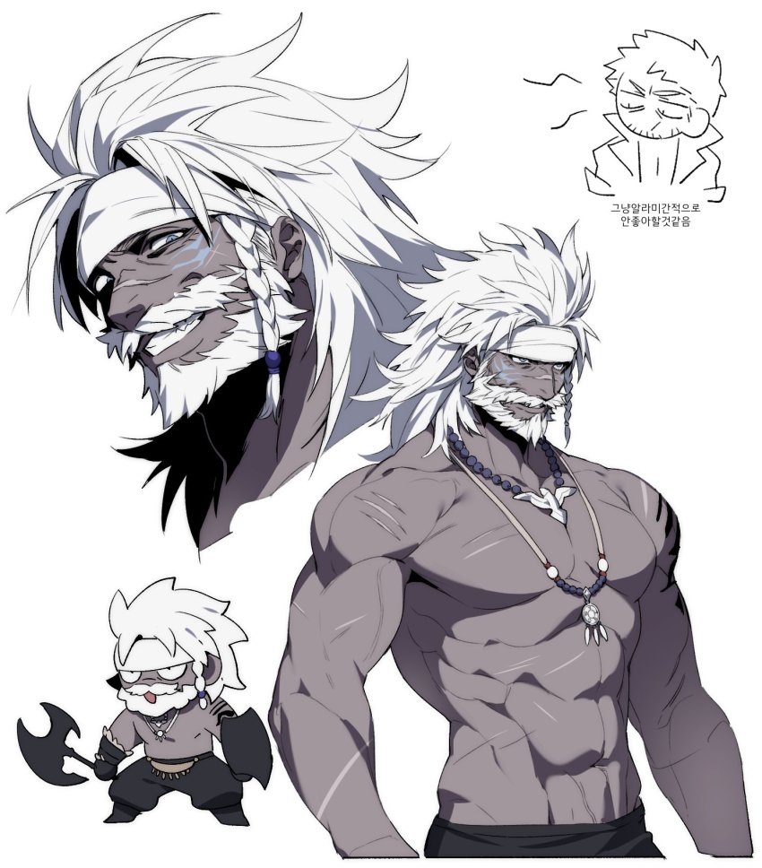 2boys, abs, axe, bad_id, bad_twitter_id, baebabaego, beard, blue_eyes, braid, character_request, chibi, chibi_inset, dark-skinned_male, dark_skin, facial_hair, final_fantasy, final_fantasy_xiv, grin, headband, highres, jewelry, long_hair, looking_at_viewer, multiple_boys, multiple_views, muscular, muscular_male, mustache, necklace, pectorals, scar, scar_on_arm, scar_on_chest, scar_on_face, scar_on_nose, smile, topless_male, upper_body, white_background, white_hair, white_headband