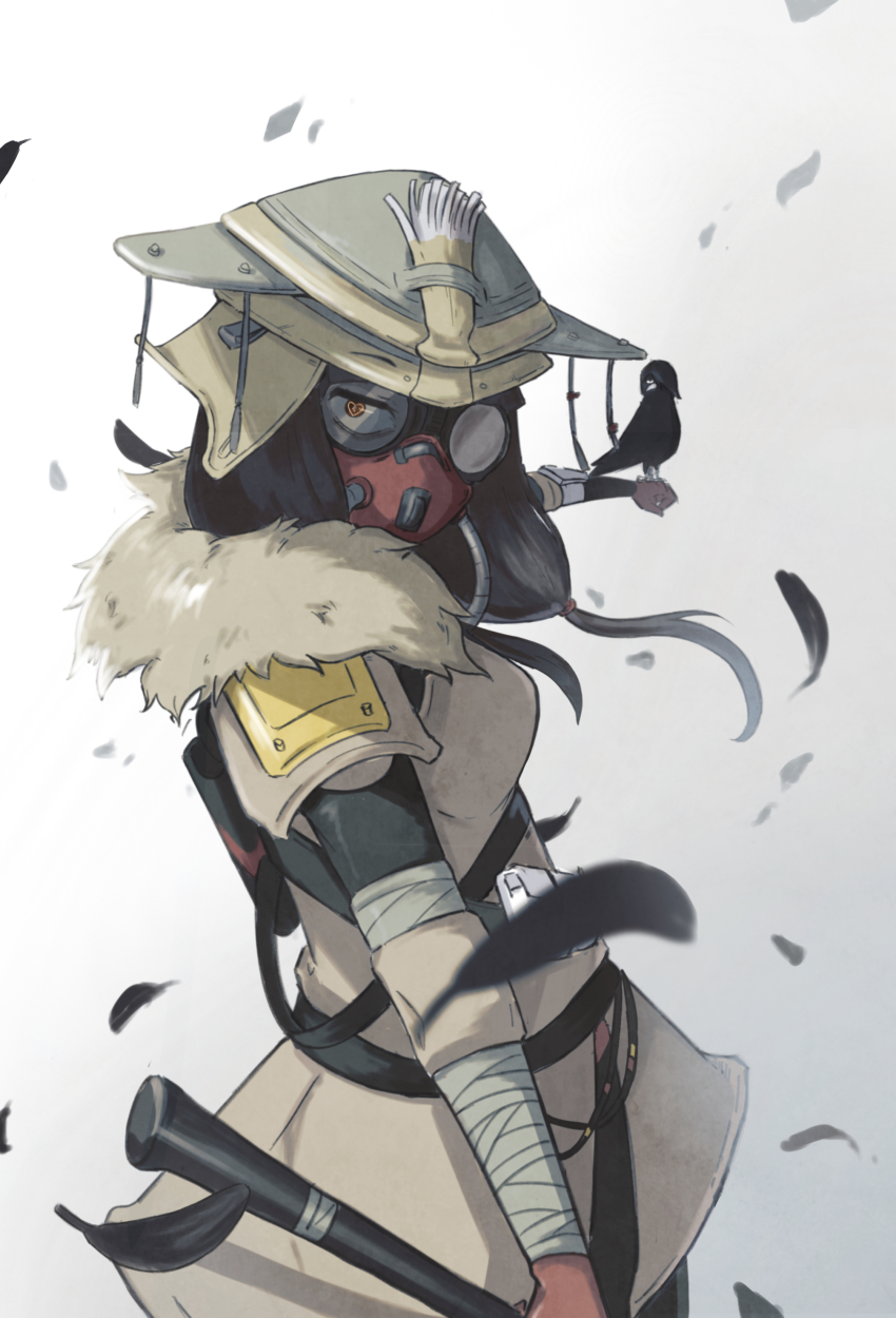 1girl, absurdres, apex_legends, axe, bandaged_arm, bandages, bird, bird_on_hand, black_hair, bloodhound_(apex_legends), bloodhound_(apex_legends)_(cosplay), breasts, brown_eyes, brown_jacket, cable, clenched_hand, commentary, cosplay, crow, feathers, fur_trim, heart, heart_in_eye, helmet, highres, holding, holding_axe, iino_miko, jacket, kaguya-sama_wa_kokurasetai_~tensai-tachi_no_renai_zunousen~, looking_at_viewer, low_twintails, mask, medium_breasts, medium_hair, mouth_mask, simuyutou, solo, symbol_in_eye, twintails