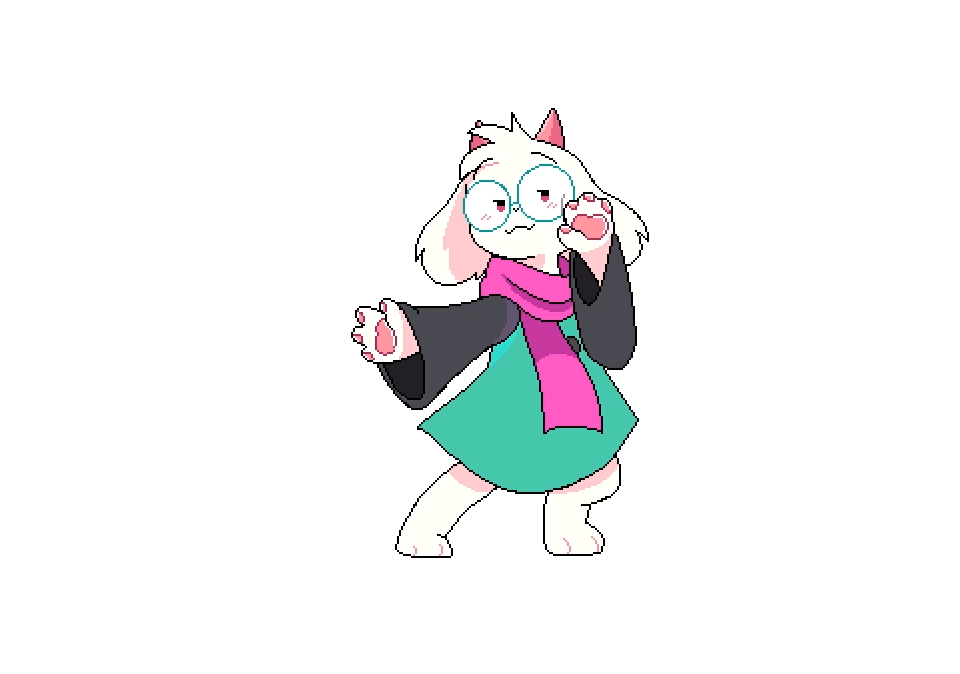 1boy, a_hat_in_time, animal_ears, animated, animated_gif, dancing, deltarune, fafameow, fangs, glasses, goat_boy, goat_ears, goat_horns, horns, light_blush, looking_at_viewer, looping_animation, no_one's_around_to_help_(meme), pawpads, ralsei, robe, scarf, simple_background, smug, solo, utdr_(toby_fox)