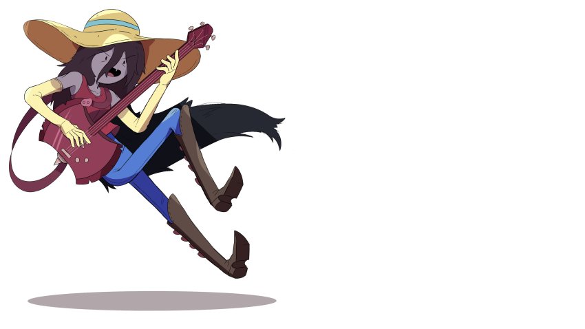 absurdres, adventure_time, black_hair, blouse, boots, brown_boots, colored_skin, elbow_gloves, fangs, floating, floating_hair, formal_clothes, full_body, gloves, grey_skin, guitar, hair_between_eyes, hat, highres, instrument, knee_boots, long_hair, marceline_abadeer, open_mouth, pant_suit, pants, red_shirt, shadow, shirt, skewedcanvas, solo, suit, v-shaped_eyebrows, very_long_hair, white_background, yellow_hat