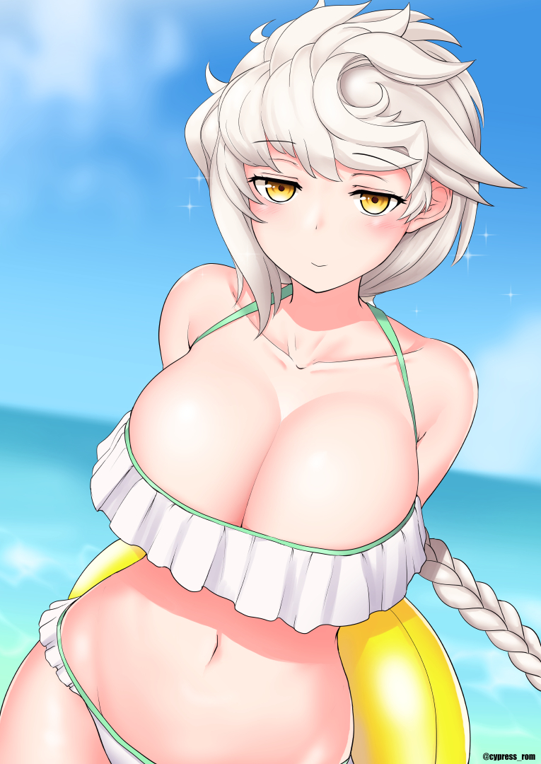 1girl, asymmetrical_hair, bare_arms, bare_shoulders, bikini, blush, braid, breasts