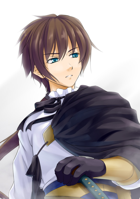 00s, 1boy, blue_eyes, brown_hair, gloves, gradient_background, kazami_fukashido, luke_ainsworth