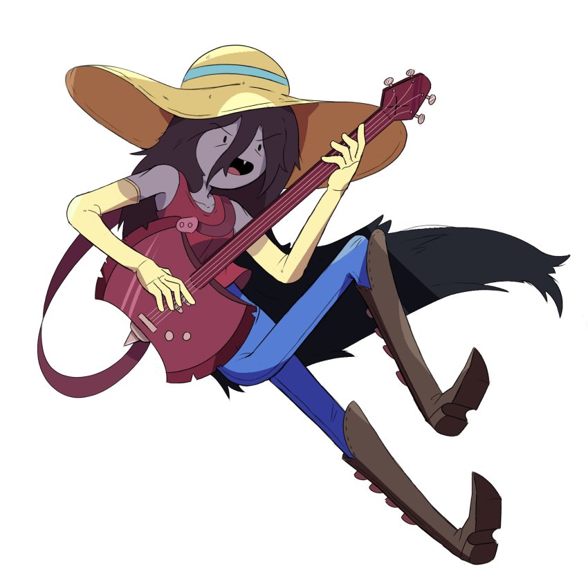 :d, adventure_time, black_hair, blouse, boots, brown_boots, colored_skin, elbow_gloves, fangs, floating, floating_hair, formal_clothes, full_body, gloves, grey_skin, guitar, hair_between_eyes, hat, highres, instrument, knee_boots, long_hair, marceline_abadeer, open_mouth, pant_suit, pants, red_shirt, red_tank_top, shirt, skewedcanvas, smile, solo, suit, tank_top, v-shaped_eyebrows, very_long_hair, white_background, yellow_hat