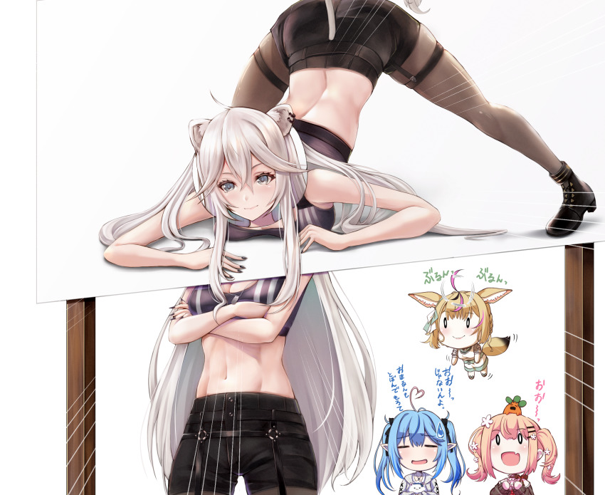 4girls, abs, ahoge, animal_ear_fluff, animal_ears, back, black_bra, black_footwear