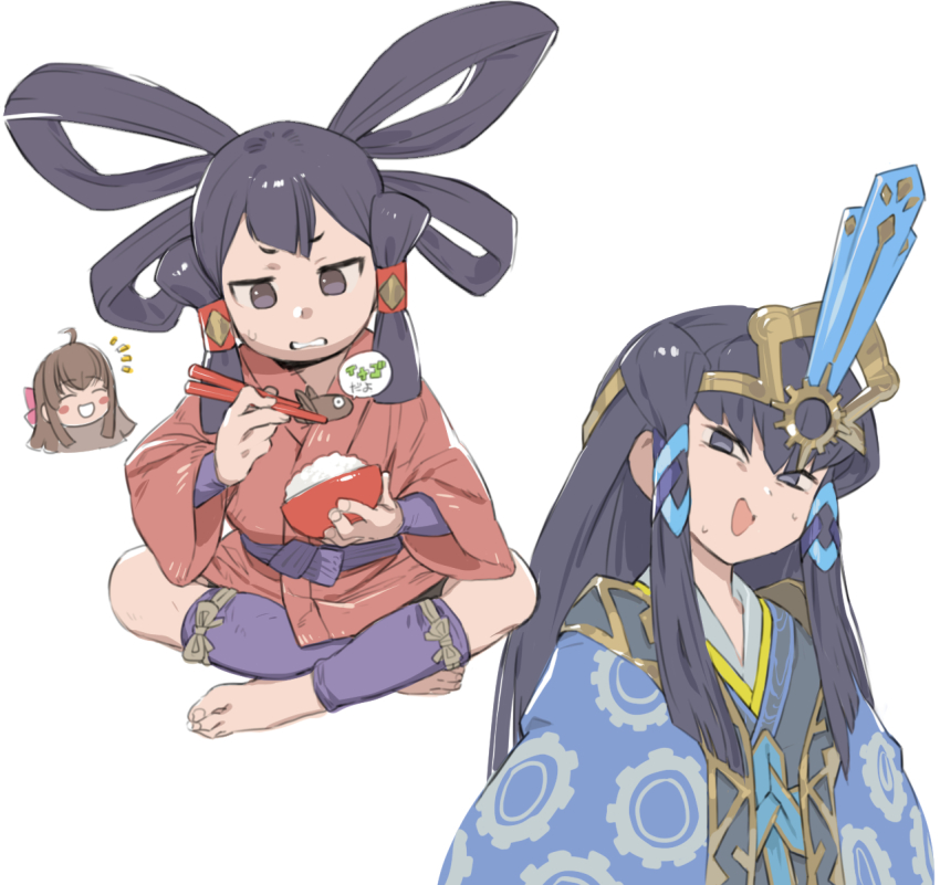 3girls, barefoot, black_eyes, black_hair, blush_stickers, bowl, brown_hair, bug, chibi, chibi_inset, chopsticks, disgust, full_body, hair_ribbon, hair_rings, hair_tubes, headpiece, highres, holding, holding_chopsticks, indian_style, japanese_clothes, kimono, kokorowa-hime, long_hair, mizura, multiple_girls, open_mouth, ribbon, rice, rice_bowl, sakuna-hime, short_eyebrows, simple_background, sitting, smile, soosaresu, sweatdrop, tensui_no_sakuna-hime, upper_body, white_background, yui_(tensui_no_sakuna-hime)
