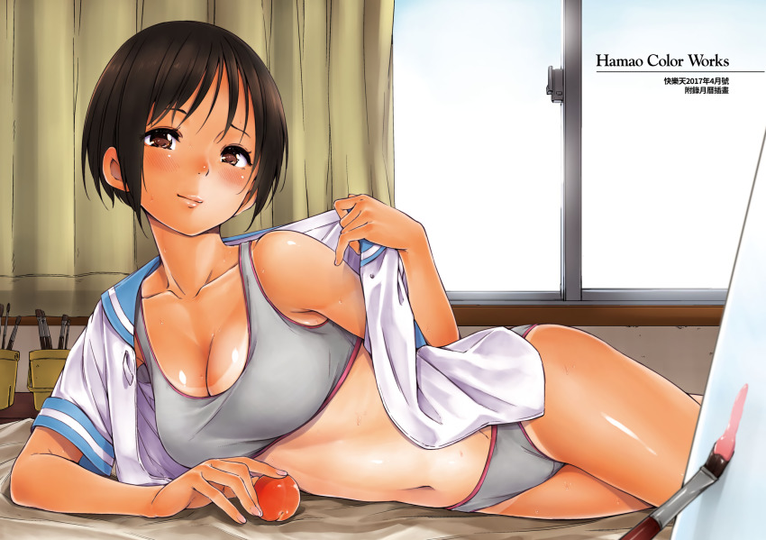 1girl, art_brush, artist_name, bare_shoulders, blush, breasts, brown_eyes, brown_hair