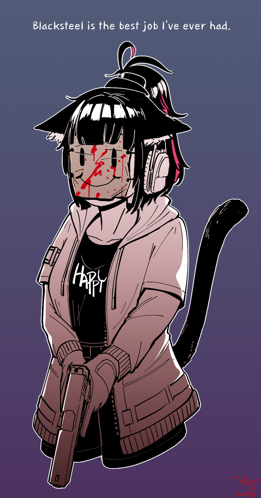 animal_ears, arknights, black_hair, black_shirt, blue_background, cat_ears, cat_girl, english_text