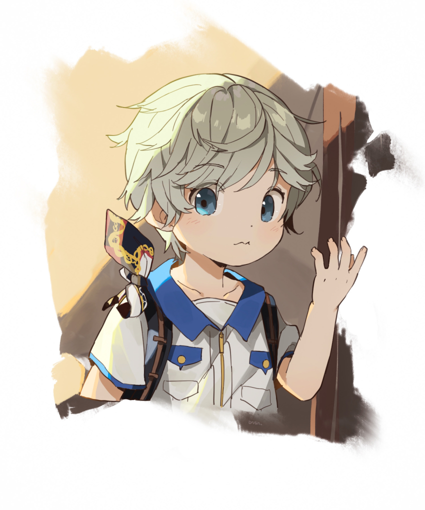 1boy, blue_eyes, chadley_(ff7), closed_mouth, collar, cyborg, eyebrows, eyes_visible_through_hair, final_fantasy, final_fantasy_vii, final_fantasy_vii_remake, grey_hair, highres, looking_at_viewer, male_focus, short_hair, solo, square_enix, wing_collar, zipper_pull_tab